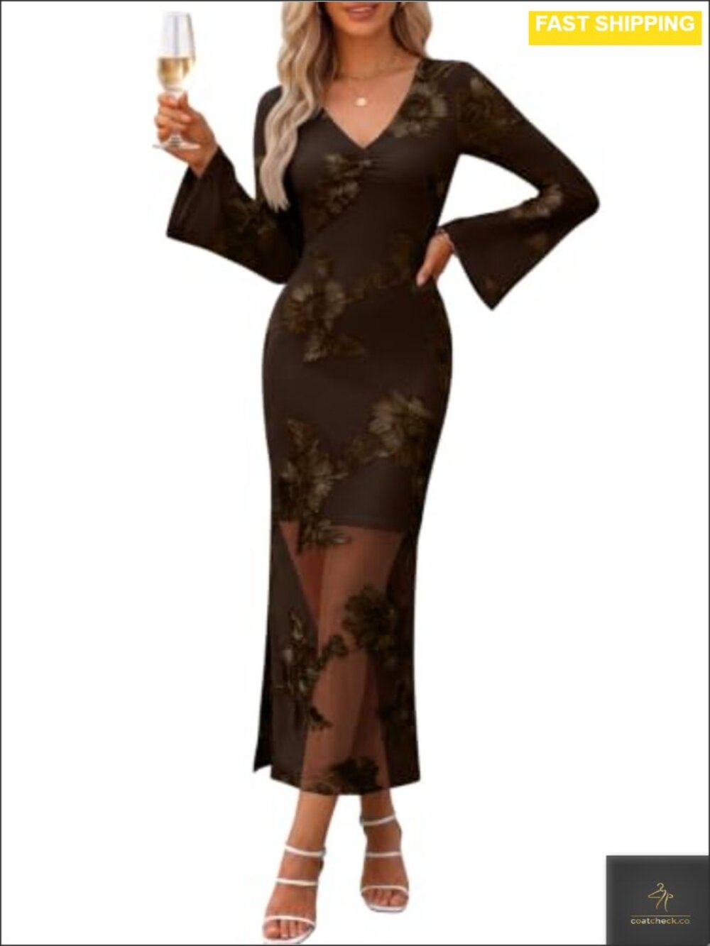 Womens Bodycon Midi Dress Bell Long Sleeve Ruched V-Neck Floral Mesh